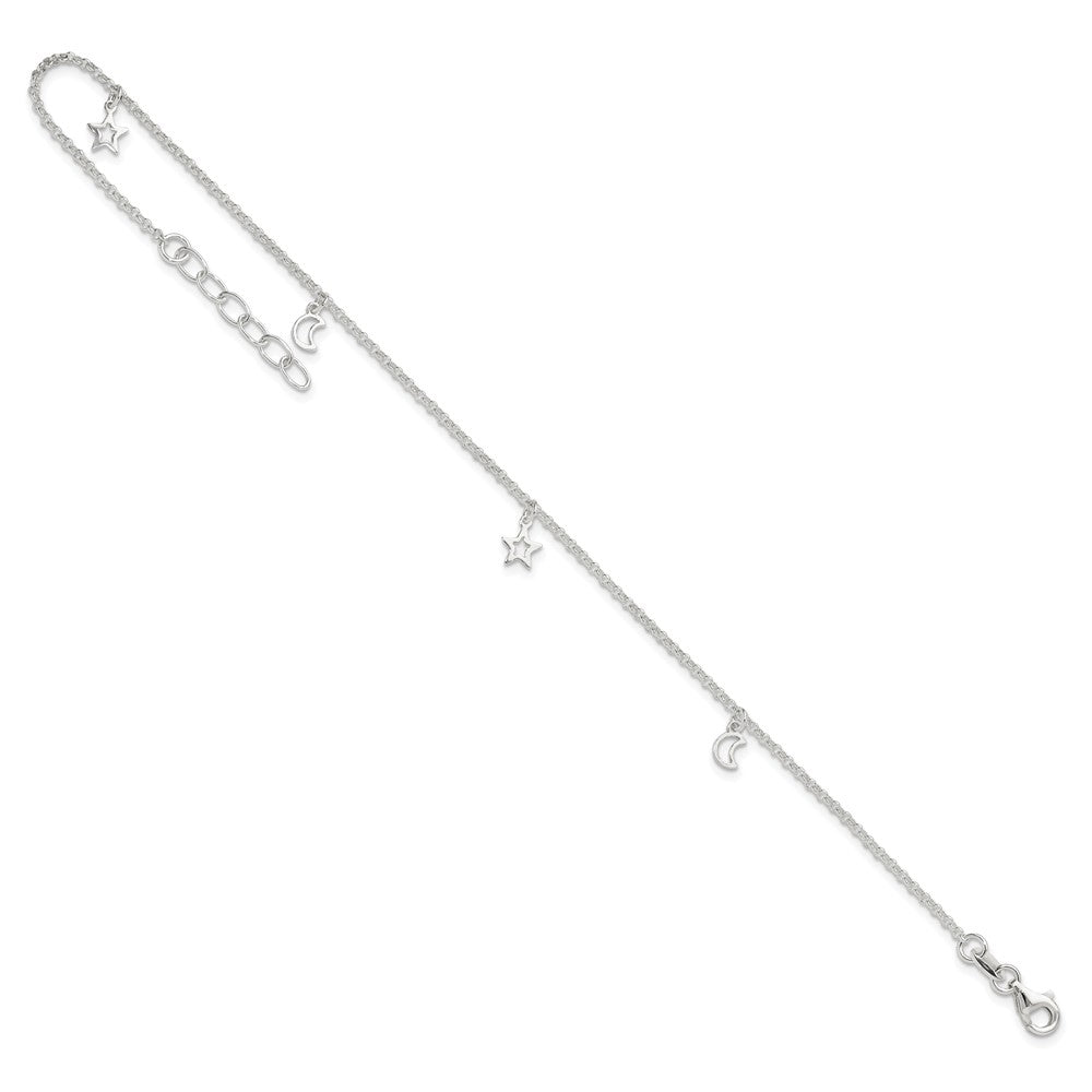 Sterling Silver Moon and Stars 9in Plus 1in Ext. Anklet 9 inches
