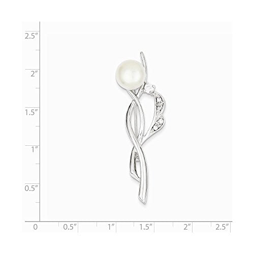 Sterling Silver Rhodium-plated Clear CZ and White Freshwater Cultured Pearl Pin Brooch QQP883