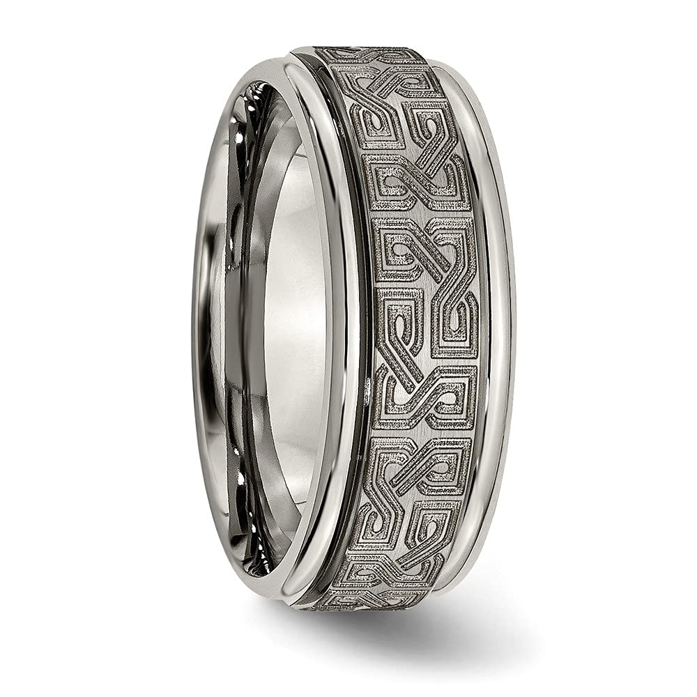 Titanium Brushed & Polished Laser Design 8mm Ridged Edge Band Size - 7.5