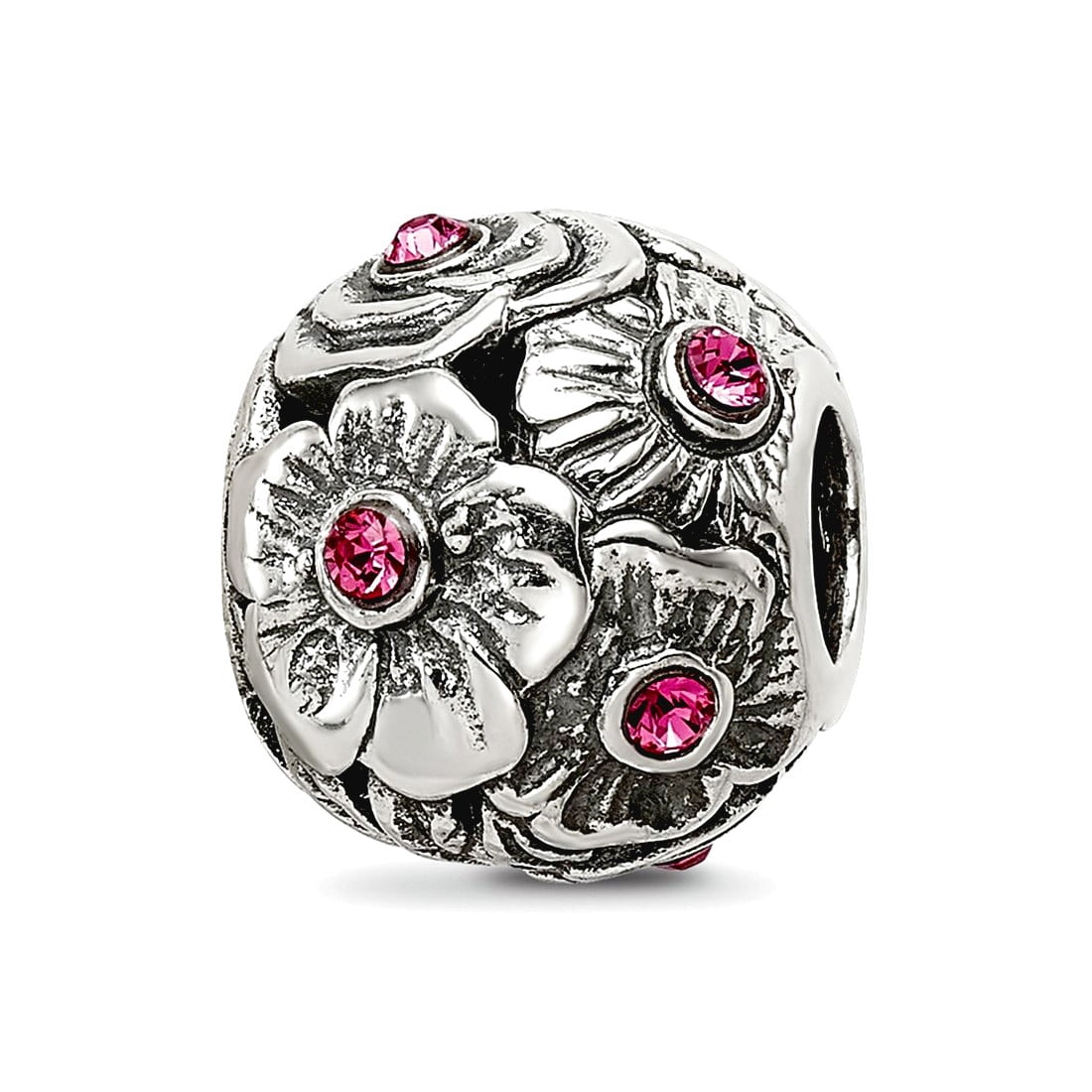 925 Sterling Silver Oxidized Reflections Pink Crystal Flower Bead Charm 10x9.09mm Wide Pendant Necklace for Women