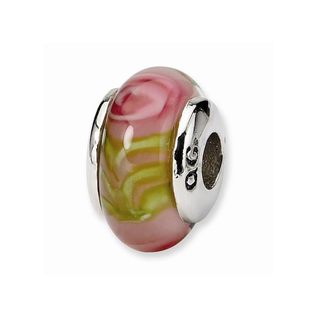 Kids Collection Sterling Silver Hand-blown Pink with Flower Pattern Glass Reflections Bead