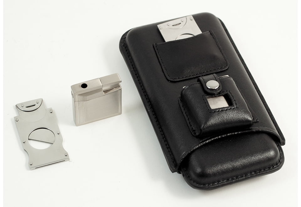 Black Leather Three Cigar Travel Case with Stainless Steel Cutter and Lighter QGM111