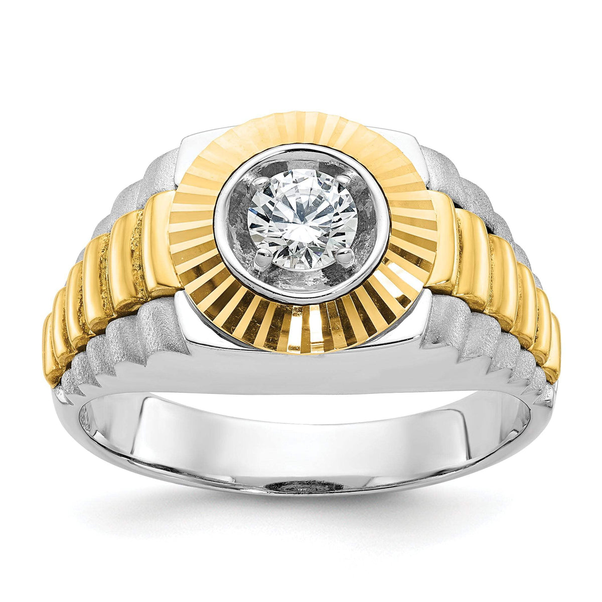 IBGoodman 14k Two Tone 3/8 carat Lab Grown Diamond VS/SI+ G+ Complete Polished Satin and Textured Men's Ring