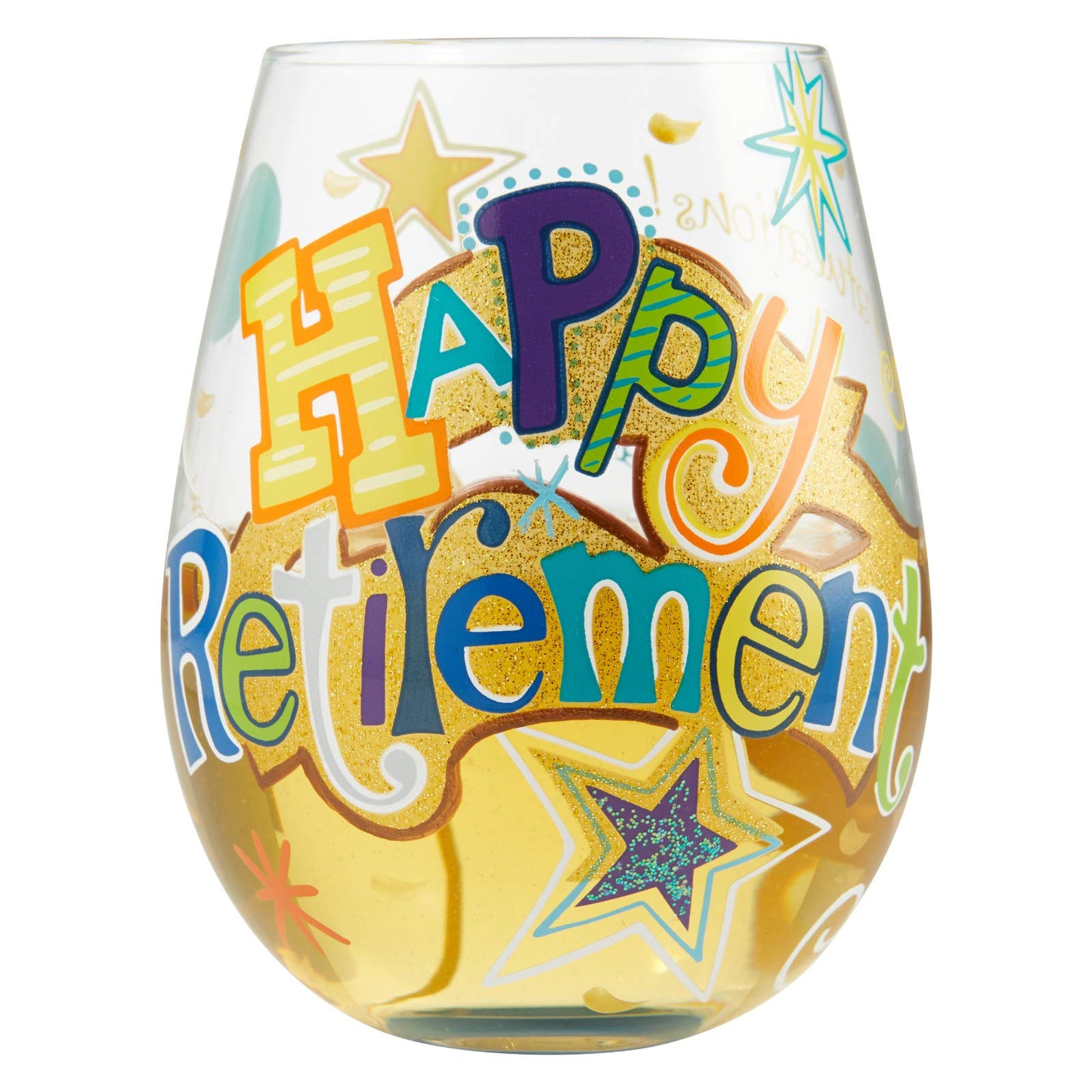 Enesco 6006303 Designs by Lolita Happy Retirement Hand-Painted Artisan Stemless Wine Glass, 20 Ounce, Multicolor