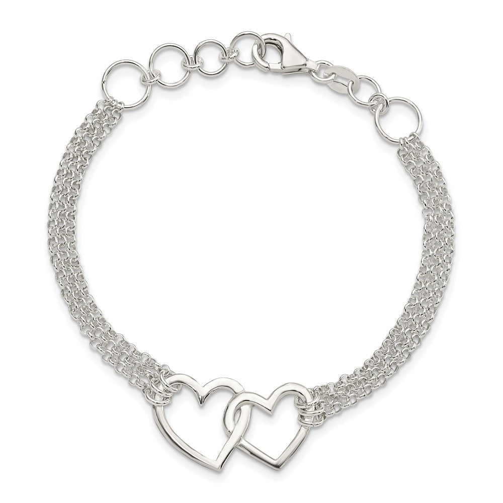 Sterling Silver Polished 3-strand w/.5in. Ext. Heart Bracelet 7 inches