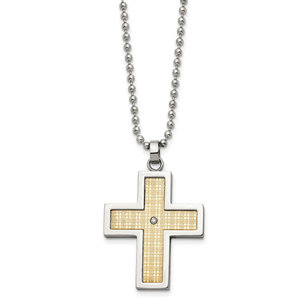 Stainless Steel Polished w/18k Gold Accent & .02ct Dia Cross 24in Necklace