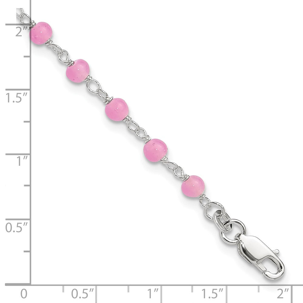 Sterling Silver Pink Glass Bead with Heart 8in Plus 1in ext Anklet 9 inches