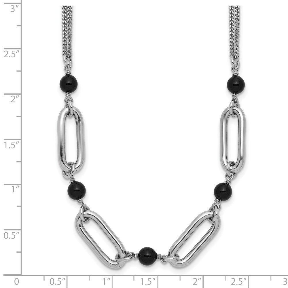 SS RH-pltd Black Glass Pearl 2-Strand Link w/2in Ext Necklace