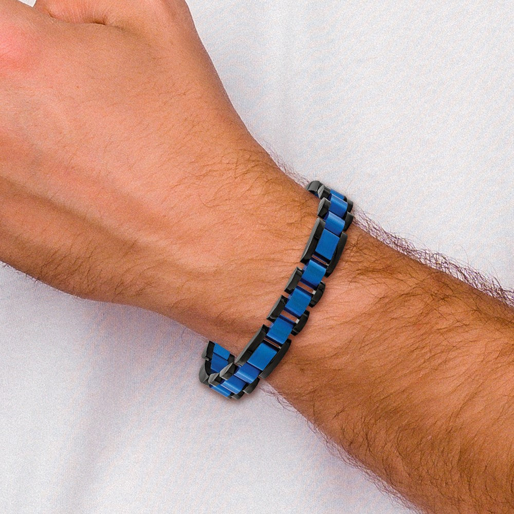 Stainless Steel Brushed & Polished Black & Blue IP-plated 8.75in Bracelet 8.75 inches
