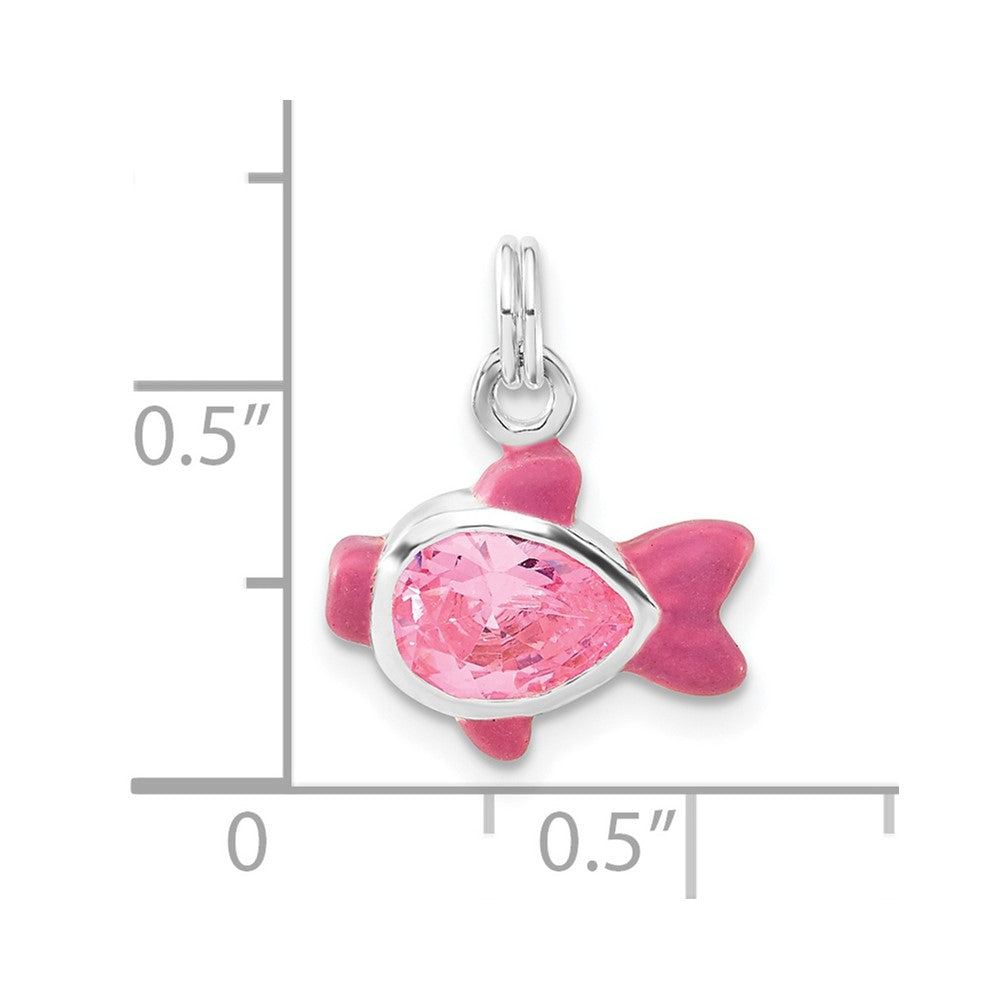 Sterling Silver Polished CZ Pink Enameled Fish Charm