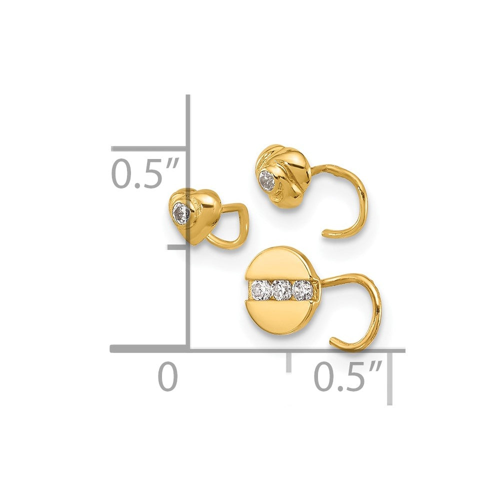14K Gold 22 Gauge CZ Heart, Flower & Circle Nose Post Set