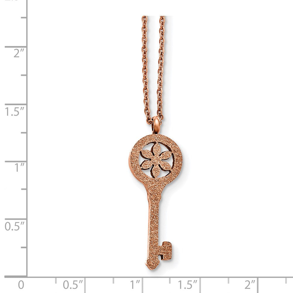 Stainless Steel Polished Rose IP-plated Laser-cut Floral Key 18in Necklace