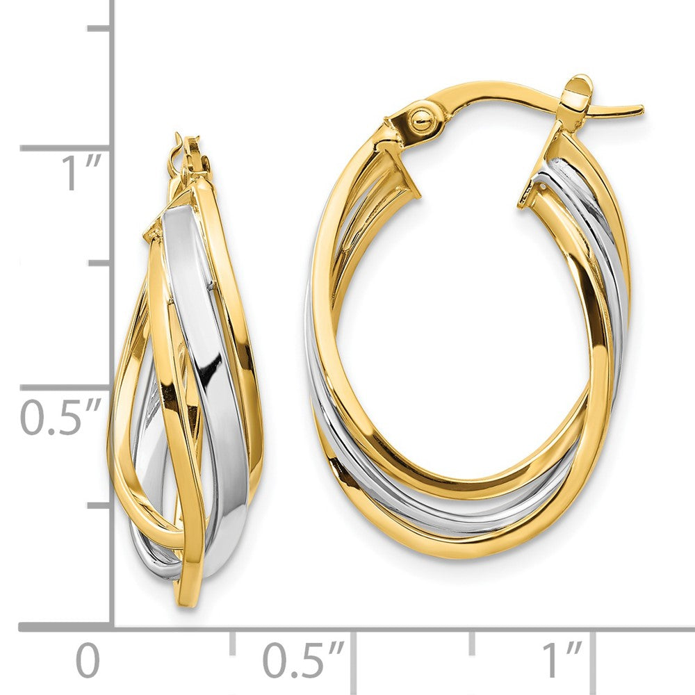 14K with Rhodium Polished Oval Hoop Earrings