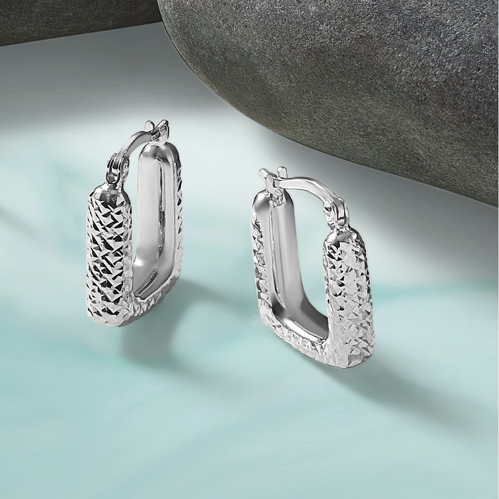 10K White Gold Polished and Diamond-cut Square Hoop Earrings