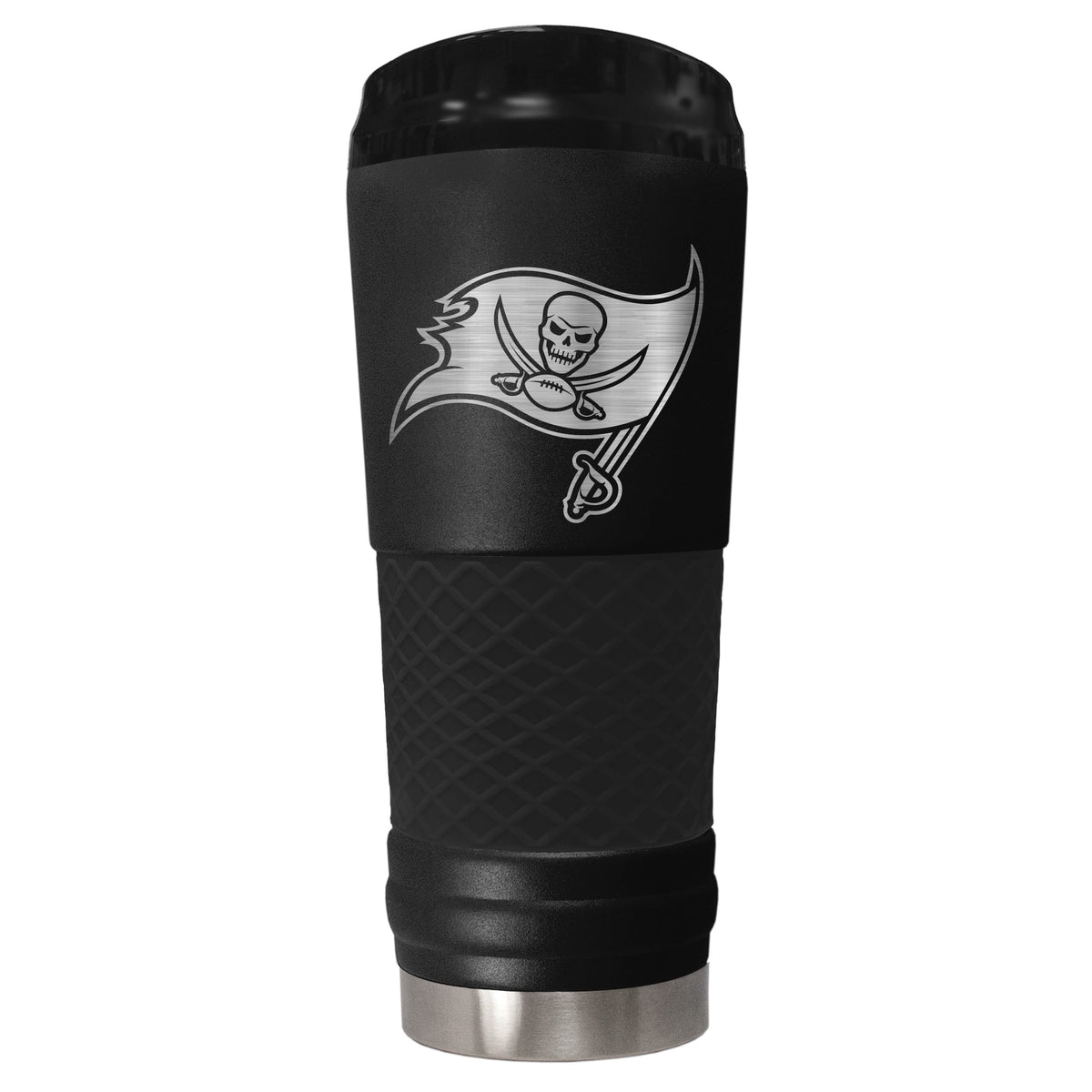 Tampa Bay Bucs 24 ounce vacuum insulated stainless steel tumbler in black powder coat and laser etched team logo