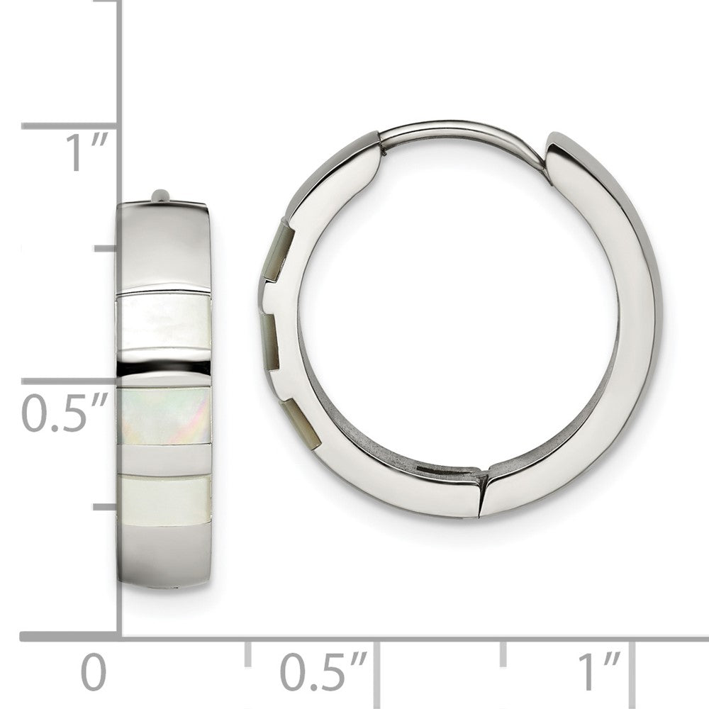 Stainless Steel Polished with Shell Pearl 5mm Hinged Hoop Earrings