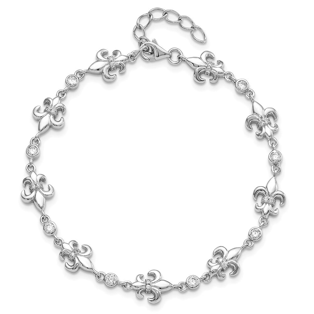 Sterling Silver Rhodium-plated CZ Fleur de Lis w/ 1in ext. Bracelet 8 inches