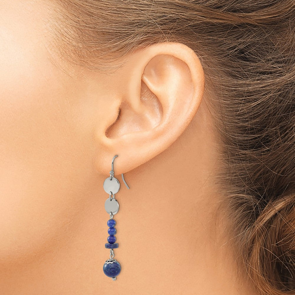Stainless Steel Polished with Lapis Beads Dangle Shepherd Hook Earrings