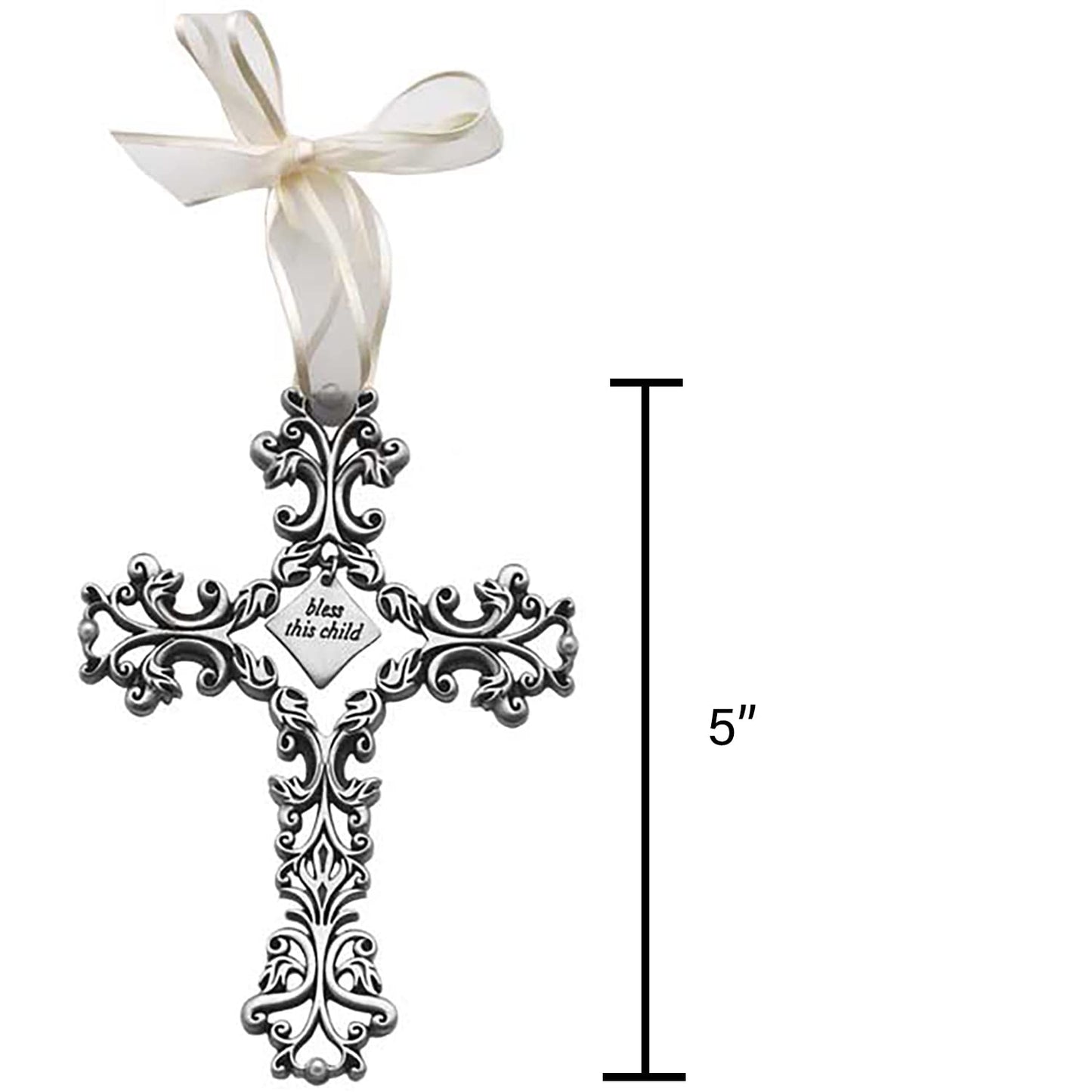 Cathedral Art “Bless This Child” White Ribbon Cross – 5-Inch Decorative Gift