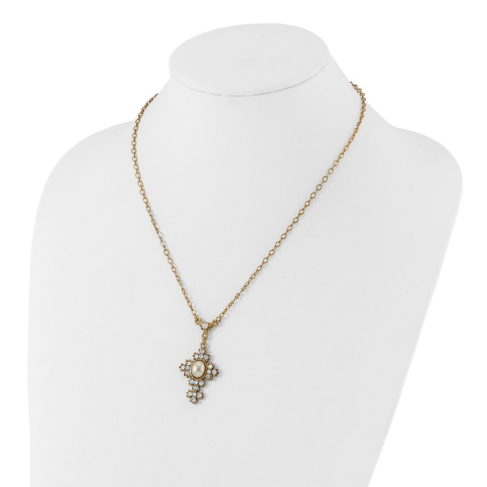 Gold-tone 16+3in ext Acrylic Pearl and Crystal Cross Necklace