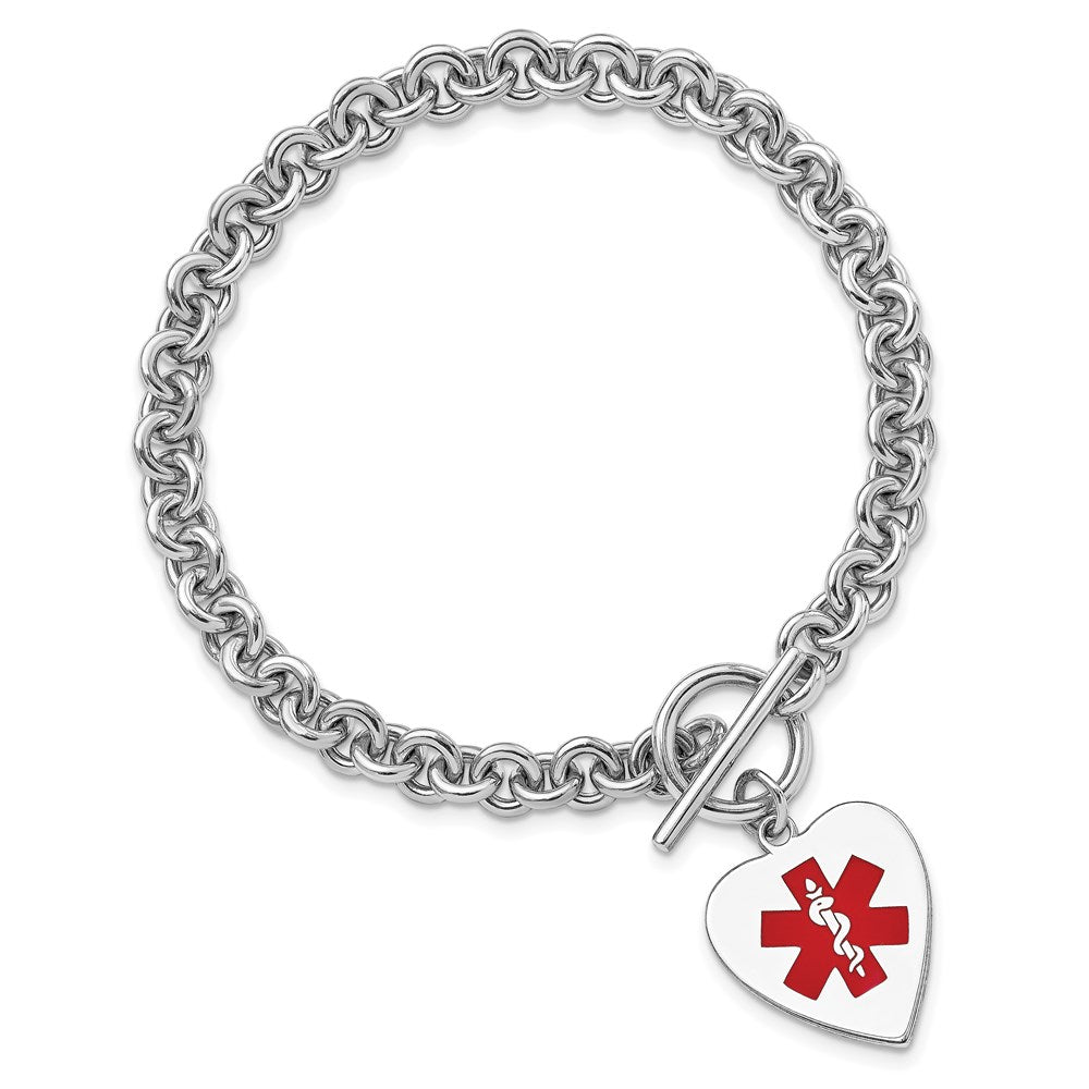 Sterling Silver RH-pltd Engraveable Enamel Heart Medical ID Bracelet 8.75 inches