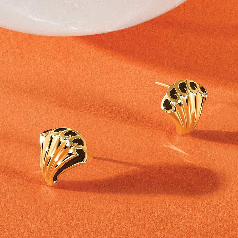 14K Gold with Black Enamel Polished Fancy Post Earrings