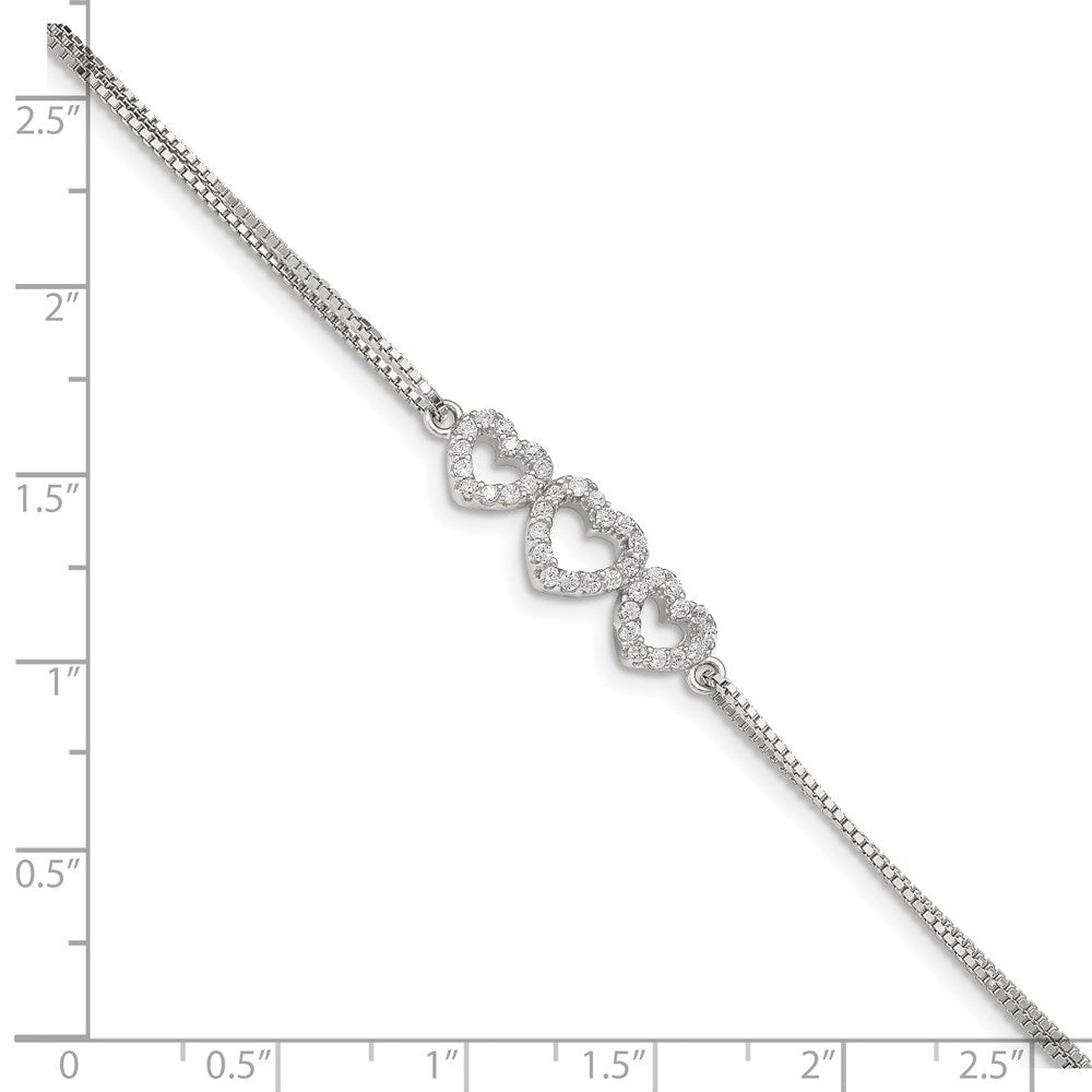 Sterling Silver Rhodium-plated Polished Three Linked CZ Open Hearts 7 inch Bracelet with 1 inch extension 7 inches