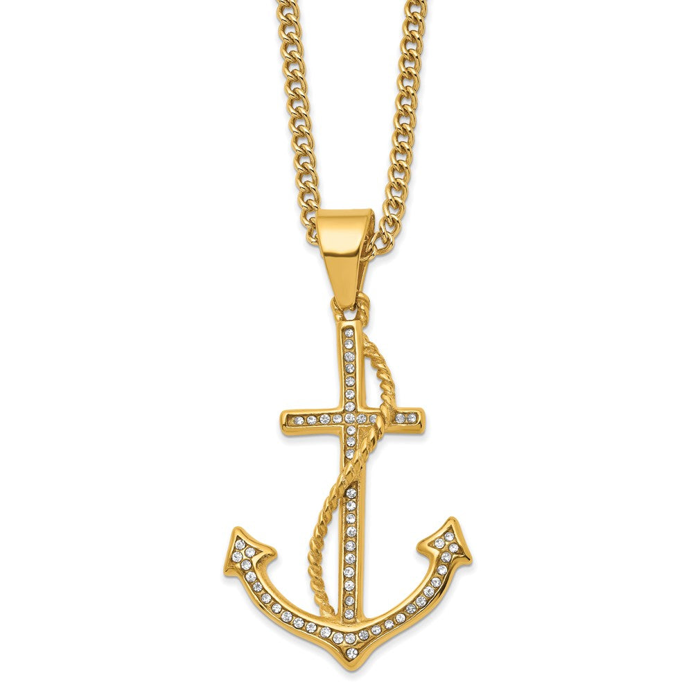 Stainless Steel Polished Yellow IP-plated Crystal Anchor 24in Necklace