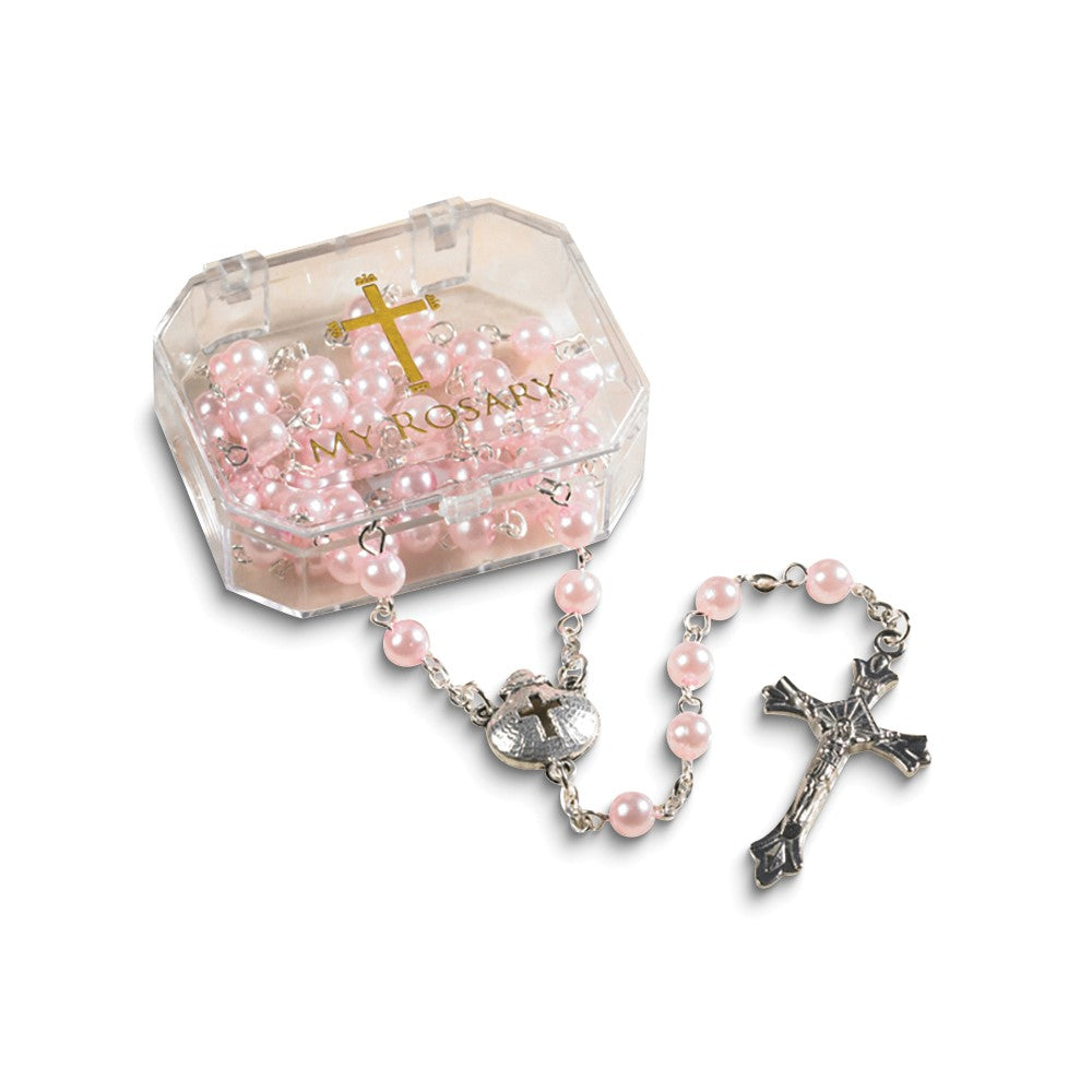 Pink Imitation Pearl Beads Baptism 20 inch Rosary with Box