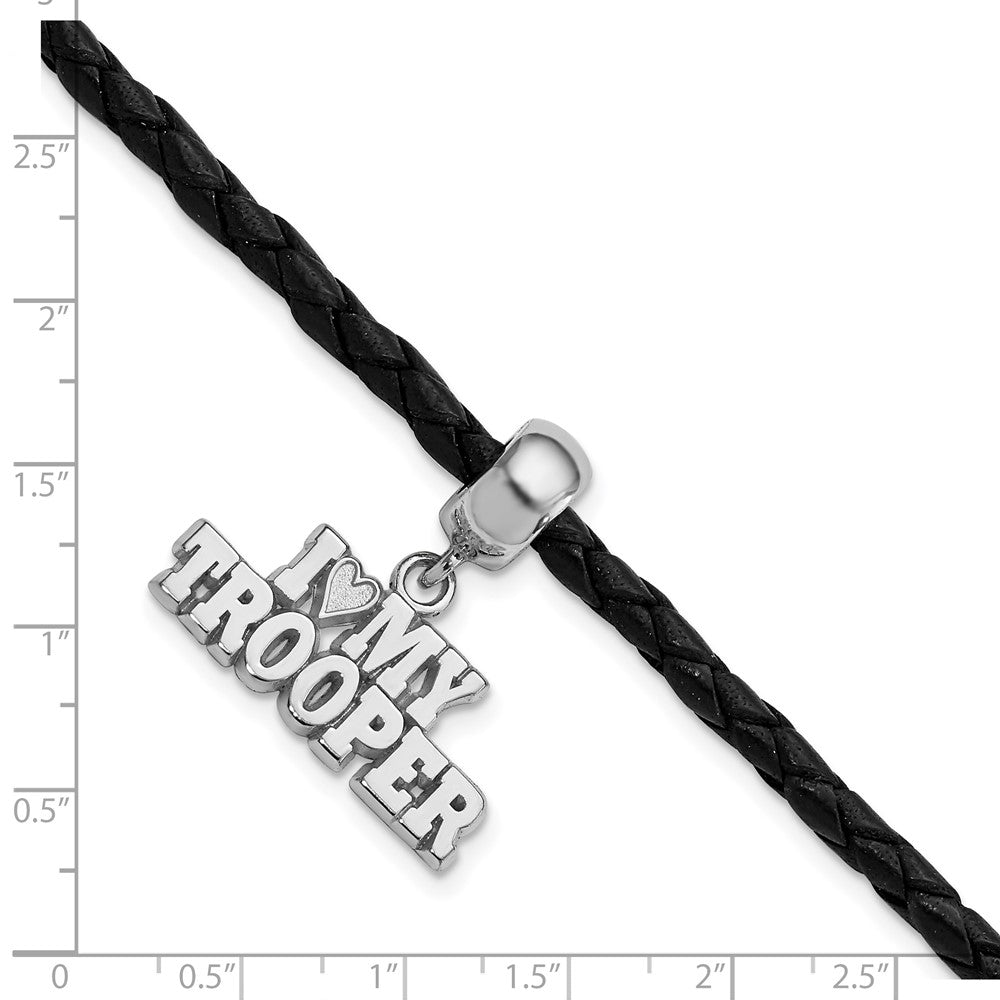 Sterling Silver Polished I Heart My Trooper Bead Leather Bracelet