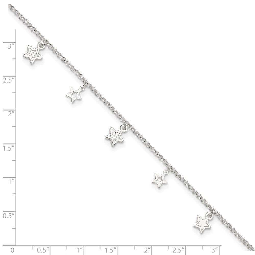Sterling Silver Polished and Textured Star 9in Plus 1in Ext. Anklet 9 inches