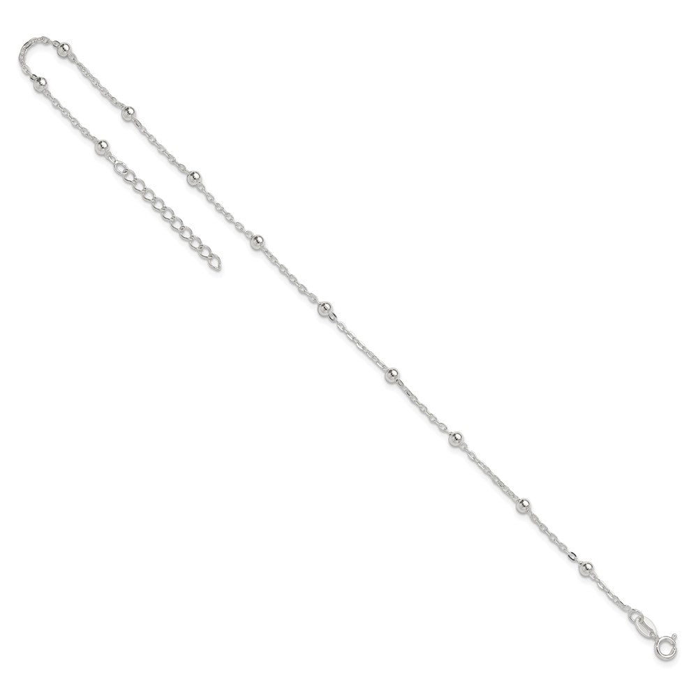 Sterling Silver 1mm Beaded Chain 9in Plus 1in ext. Anklet 9 inches