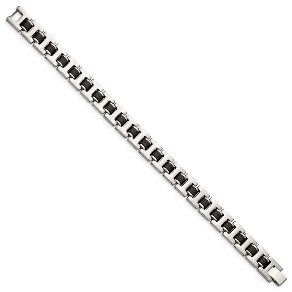 Stainless Steel 8.5in Brushed with Black Rubber Bracelet 8.5 inches