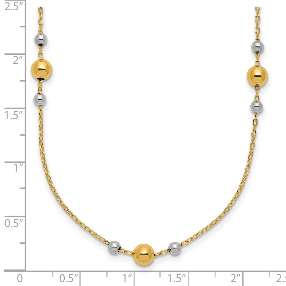 14K w/White Rhodium Polished / Beaded Station Necklace