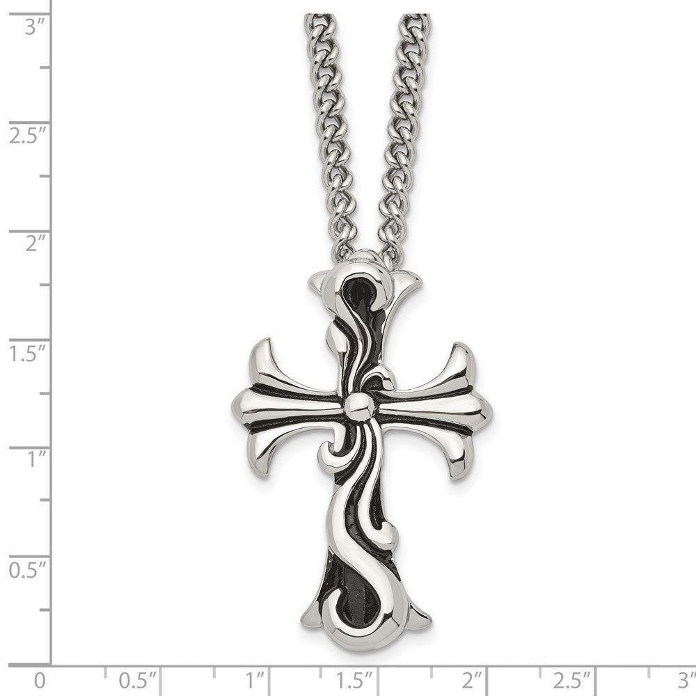 Stainless Steel Antiqued Polished & Textured Scroll Cross 22in Necklace