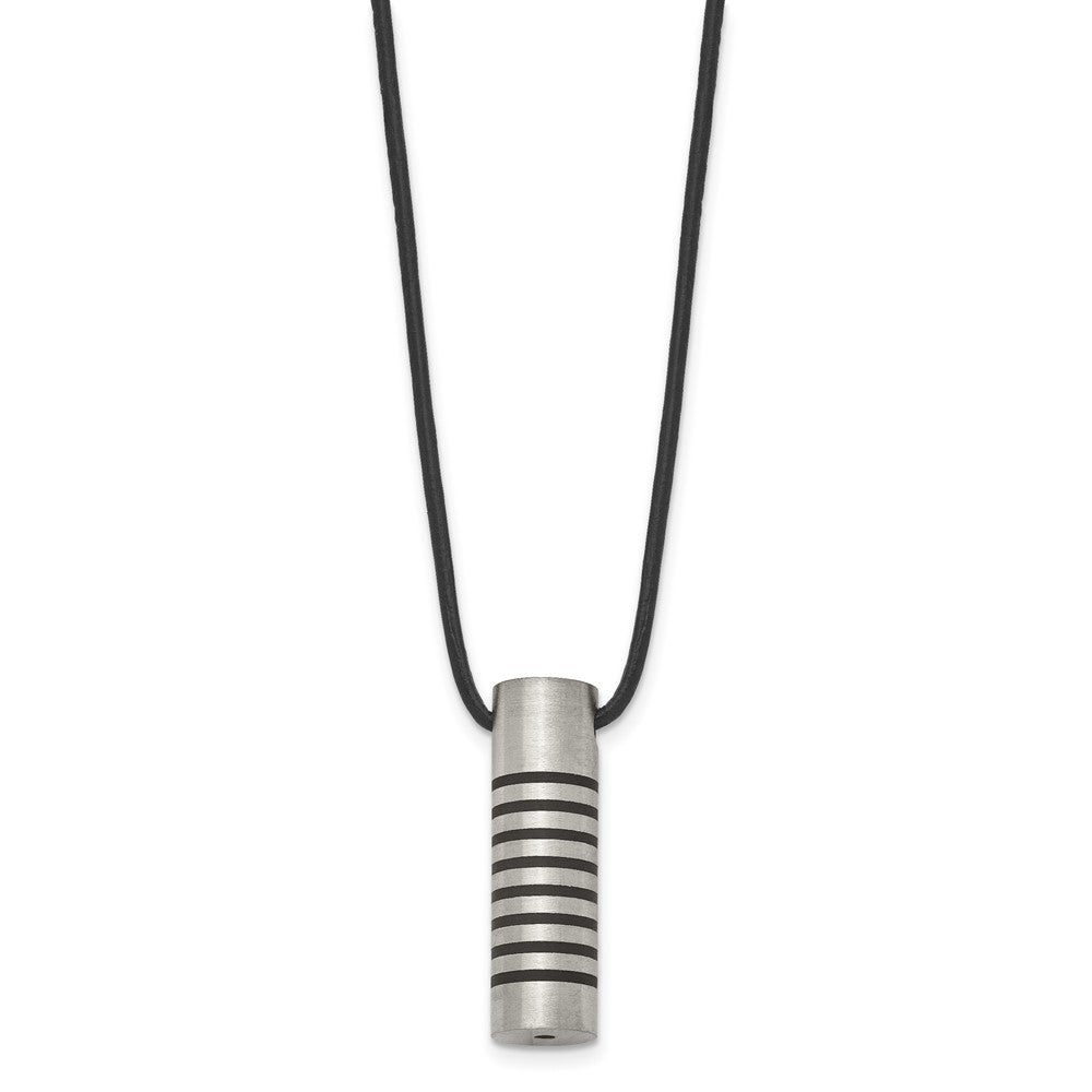 Stainless Steel Cylinder w/ Black Rubber 18in Leather Cord Necklace