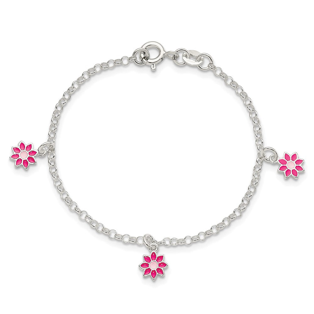 Sterling Silver Polished Pink Enameled Flowers Children's Bracelet 6 inches