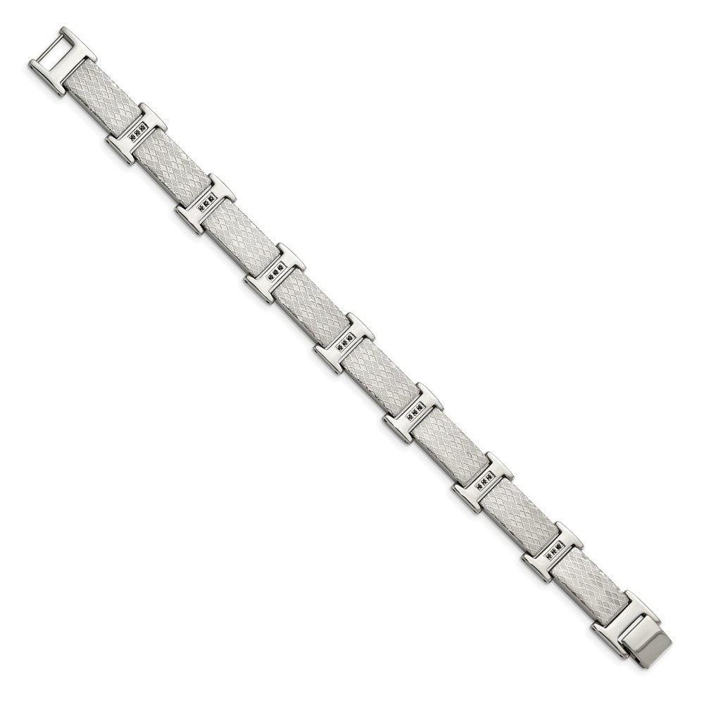 Stainless Steel Polished and Textured with Black CZ 8.5in Bracelet 8.5 inches
