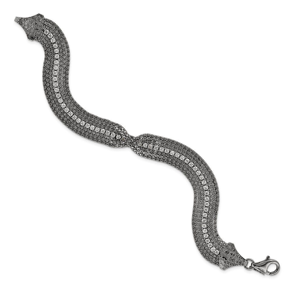 Sterling Silver 7.25in Blk Ruthenium Multirow Chain w/ Crystal Bracelet