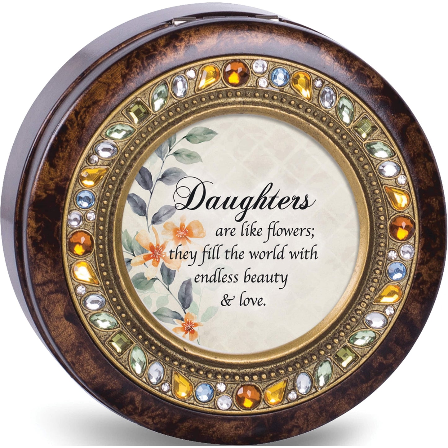 Jeweled Woodgrain Resin DAUGHTERS Sentiment Round Music Box (Plays Wind Beneath My Wings) QGM18602