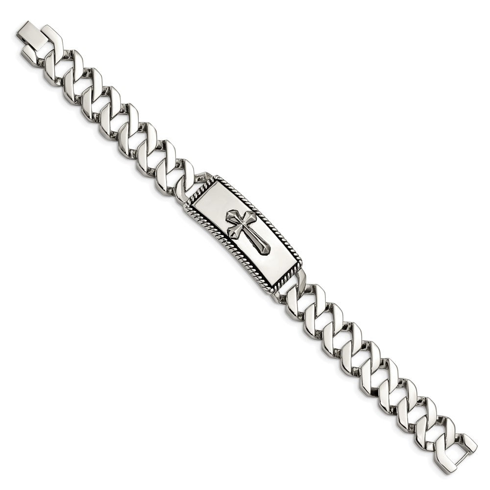 Stainless Steel Antiqued Polished and Textured 8.5in Cross Bracelet 8.5 inches