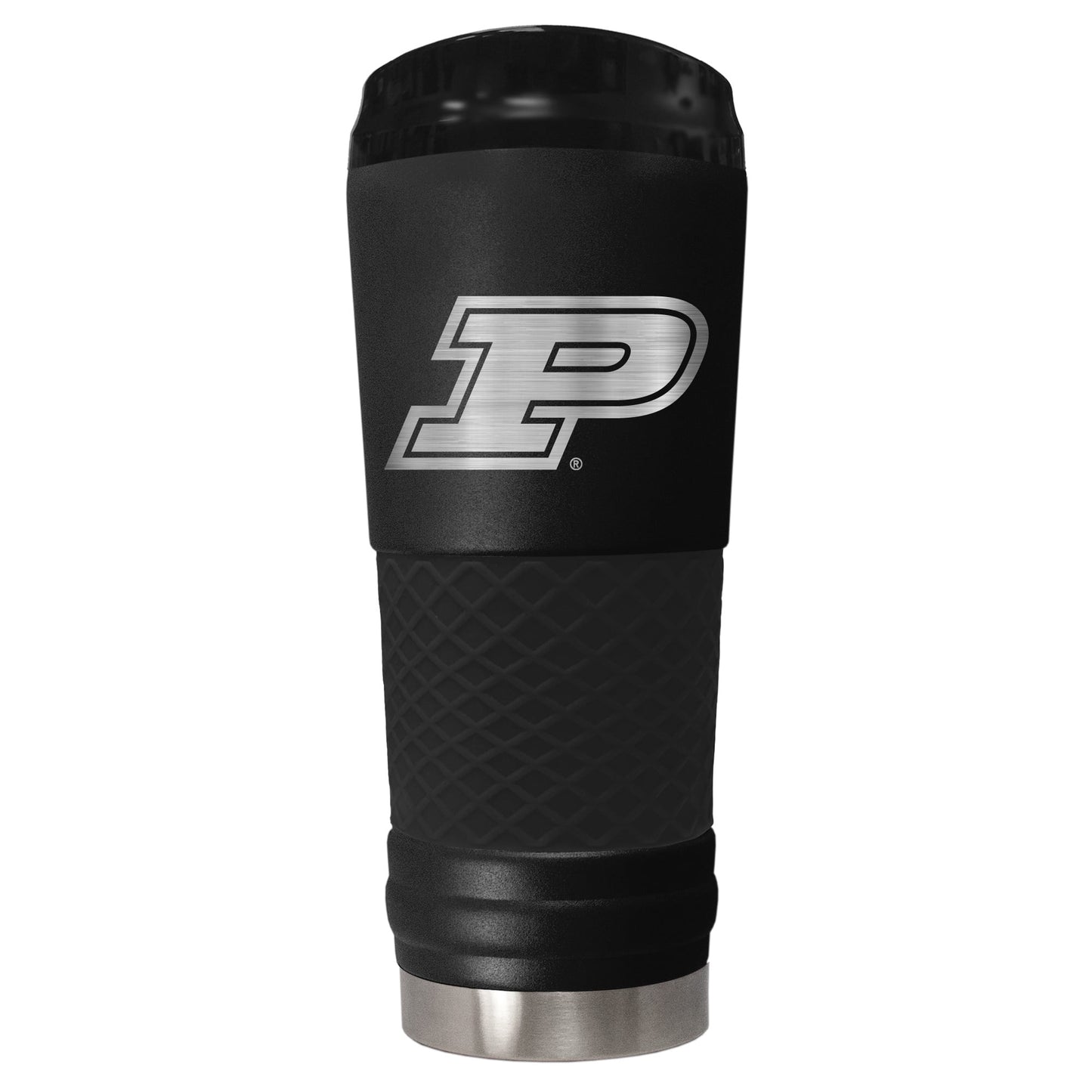 Purdue 24 ounce vacuum insulated stainless steel tumbler in black powder coat and laser etched team logo