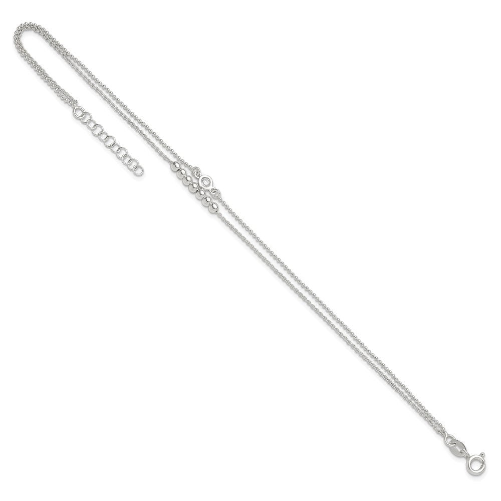 Sterling Silver 2-Strand Beaded CZ 9in Plus 1in Ext. Anklet 9 inches