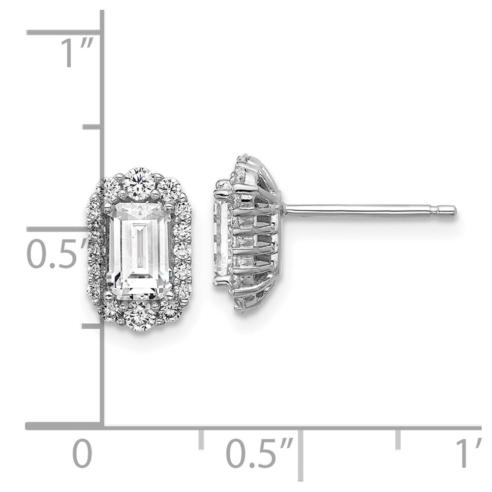 Cheryl M Sterling Silver Rhodium-plated Polished Emerald-cut CZ Halo Post Earrings