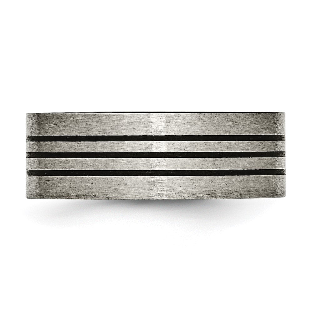 Titanium Satin and Polished Black Enamel Striped 8mm Flat Band Size - 11.5
