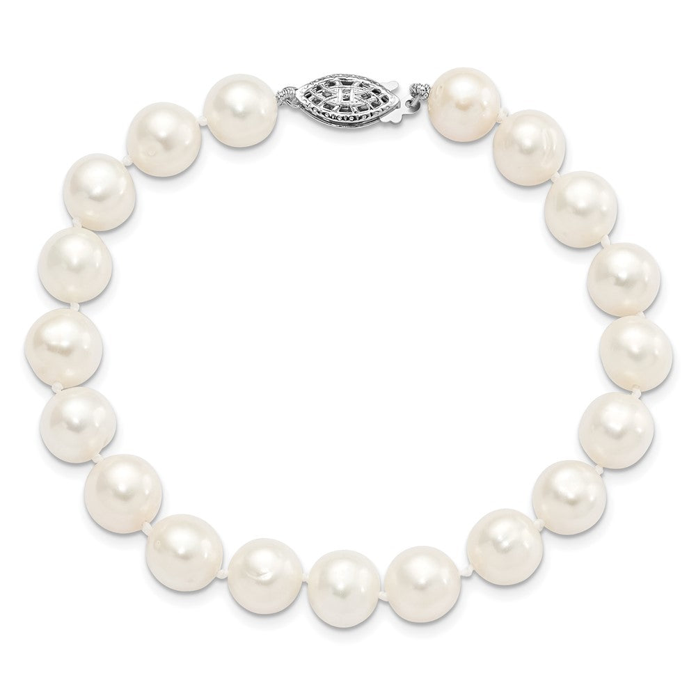 Sterling Silver Rhodium-plated 9-10mm White Near Round Freshwater Cultured Pearl 8.25 inch Bracelet