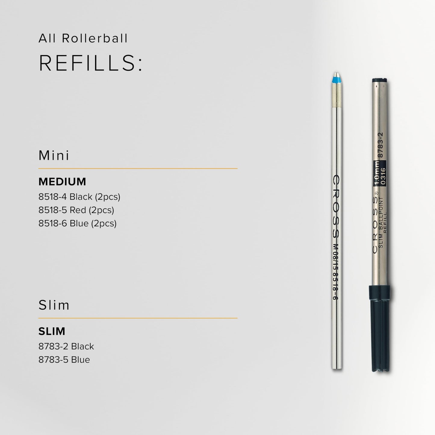 Cross Mini Ballpoint Pen Refill, Medium Point, Blue, 2-Pack (8518-6)