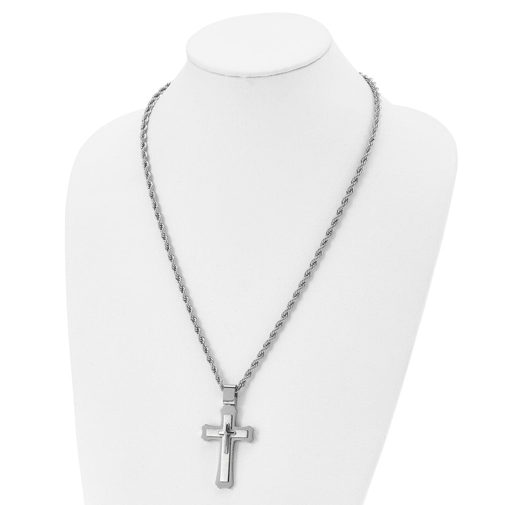 Stainless Steel Brushed and Polished Triple Layer Cross 24in Necklace