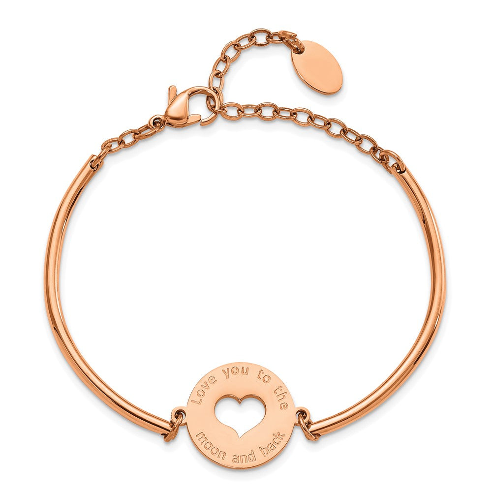 Stainless Steel Polished Rose IP LOVE YOU TO THE MOON Heart Bracelet 6.5 inches