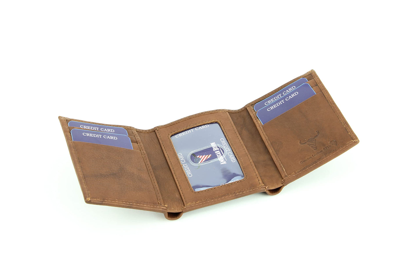 Tan Calf Skin Leather RFID Blocking 6-Slot Trifold Wallet with ID Window